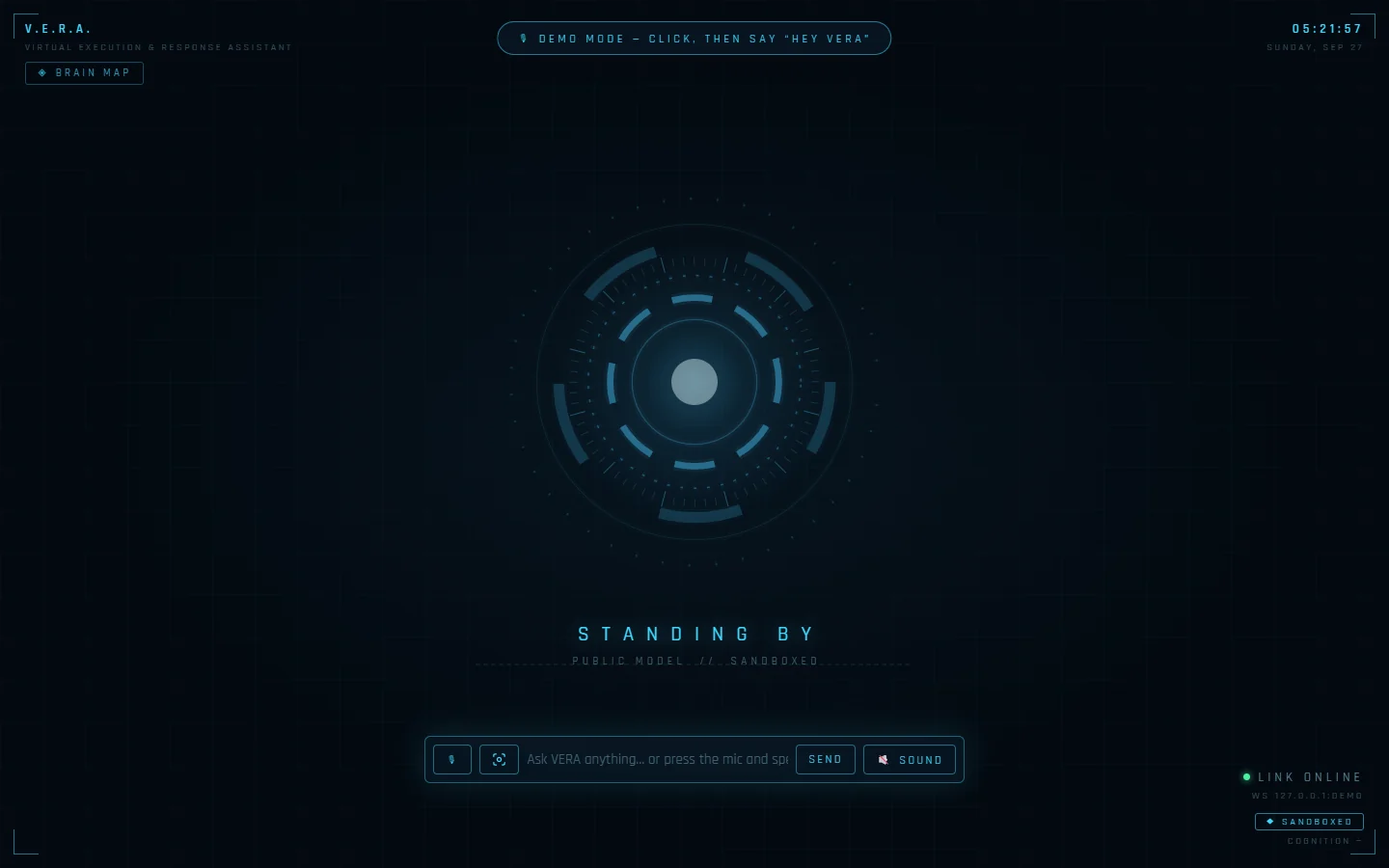 The live demo: VERA’s glowing ring, standing by, with a box to type or speak.