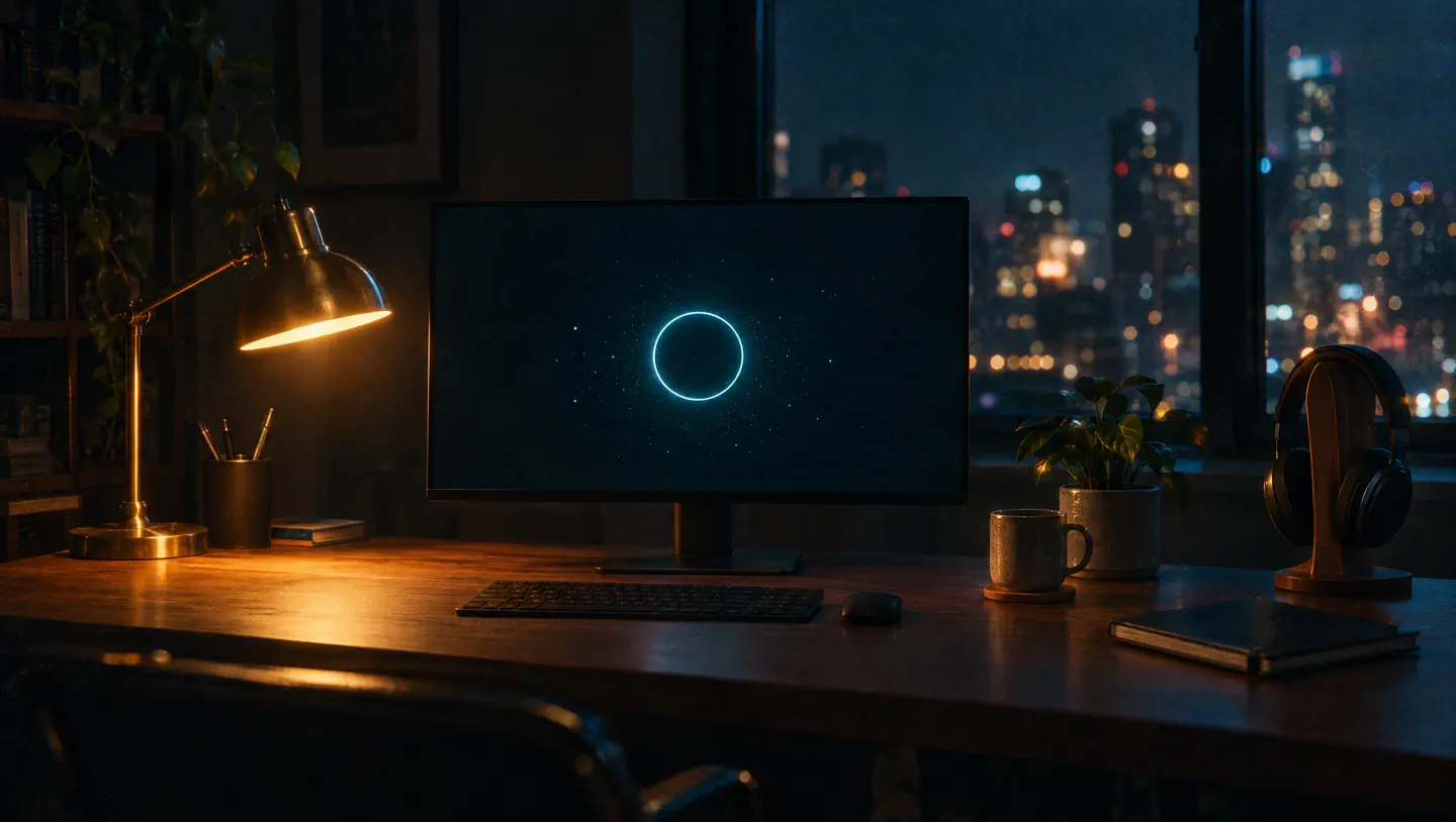 A desk at night: a monitor shows VERA’s glowing ring beside a warm brass lamp, headphones and a city view.