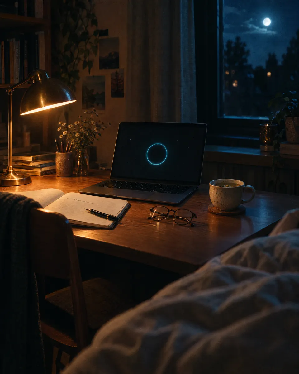 A corner desk late at night: a warm lamp, an open notebook, a glass of water and a laptop showing VERA’s ring.