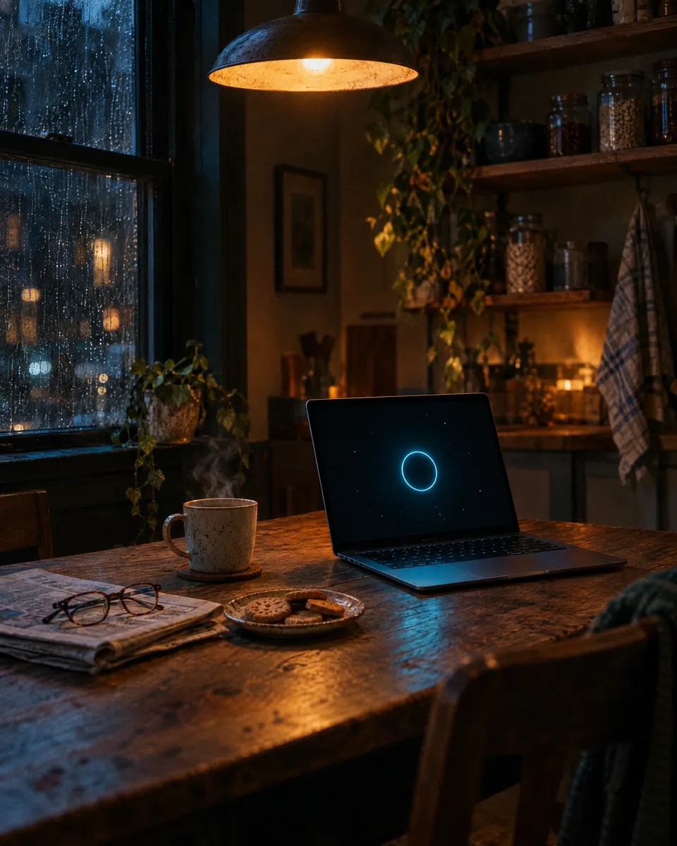A kitchen table at night: a steaming mug of tea, reading glasses on a newspaper, and an open laptop showing VERA’s ring.