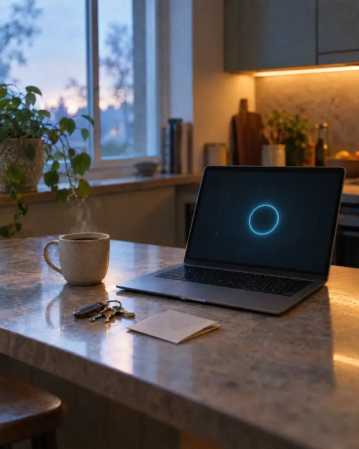 Early morning on a kitchen counter: coffee, keys, a folded note, and an open laptop with VERA’s ring.