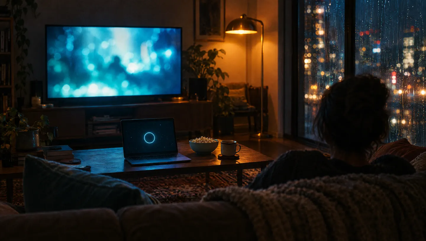 A dim living room at night. Someone relaxes on the sofa, watching TV; on the coffee table, a laptop shows VERA’s glowing ring.
