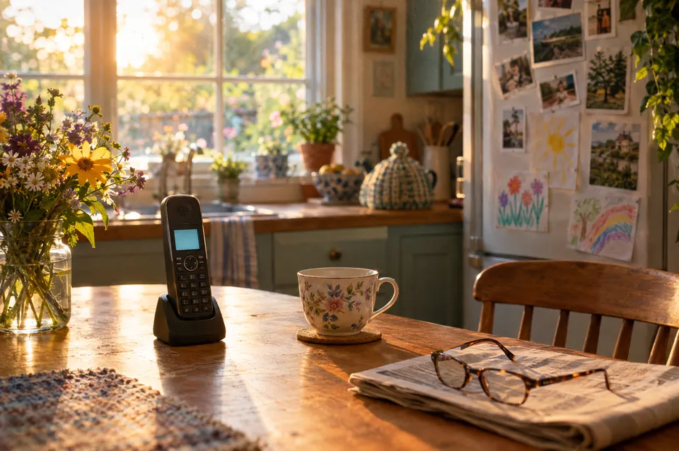A sunny family kitchen with a cordless phone, a teacup, garden flowers and children’s drawings on the fridge.