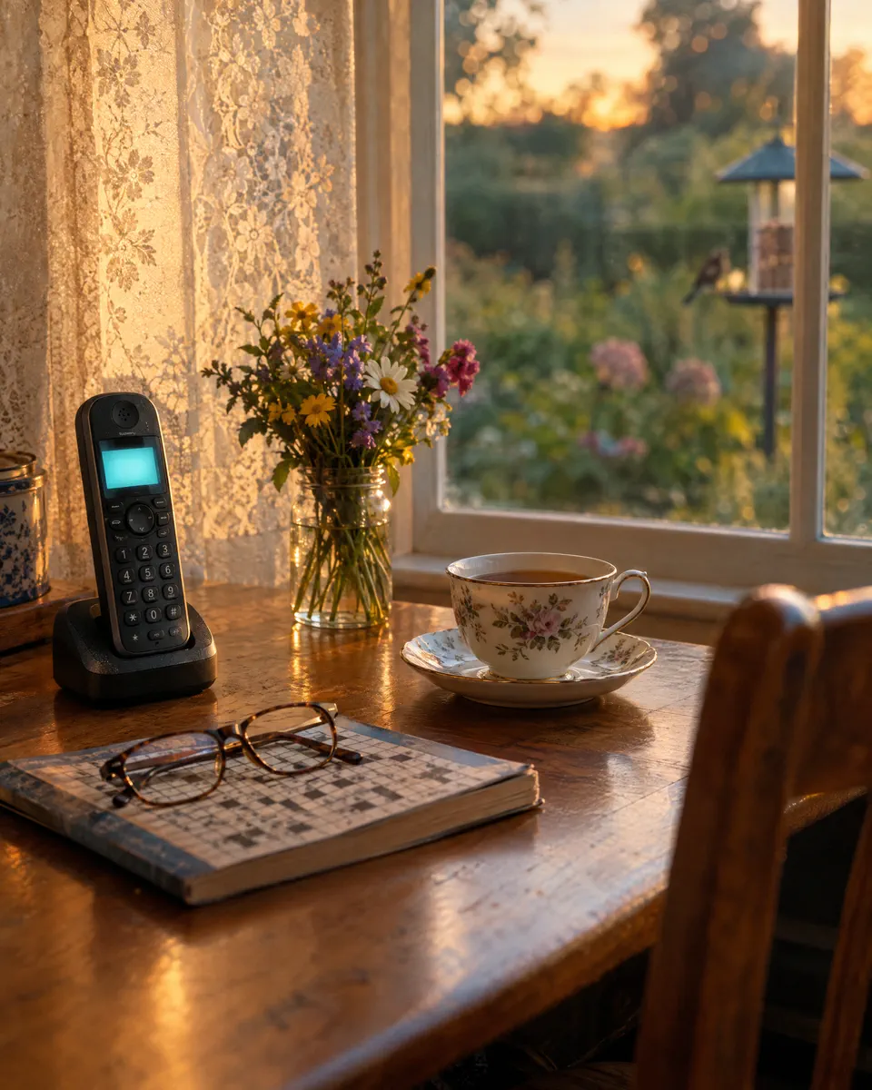 A kitchen table at golden hour: a cordless phone with a softly glowing display, a flowered teacup, and a crossword with reading glasses.